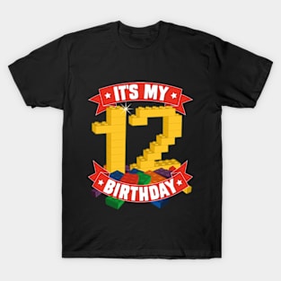 It's My Birthday 12th Years Old Block Building Boys Girls T-Shirt